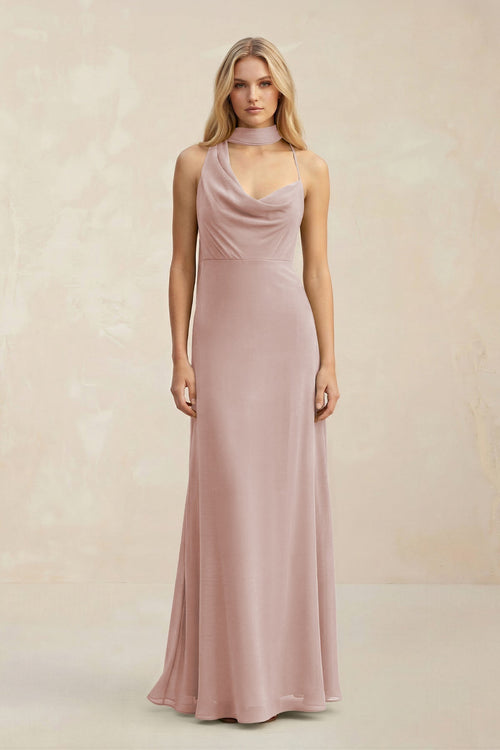 Cowl Neck Sheath Chiffon Maxi Bridesmaid Dress With Ribbon in Toffee - SHE IS ME Bridesmaid Dresses