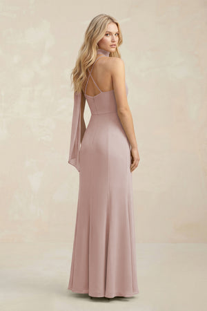 Cowl Neck Sheath Chiffon Maxi Bridesmaid Dress With Ribbon in Toffee (2) | KISSBRIDAL