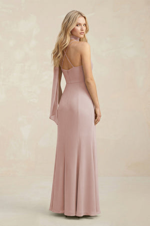 Cowl Neck Sheath Chiffon Maxi Bridesmaid Dress With Ribbon in Toffee - SHE IS ME Bridesmaid Dresses