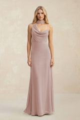 Cowl Neck Sheath Chiffon Maxi Bridesmaid Dress With Ribbon in Toffee | KISSBRIDAL