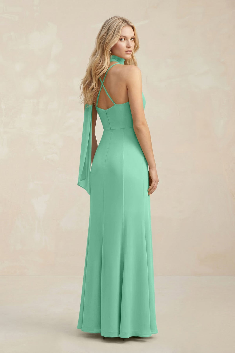 Cowl Neck Sheath Chiffon Maxi Bridesmaid Dress With Ribbon in Turquoise - KISS BRIDAL Bridesmaid Dresses