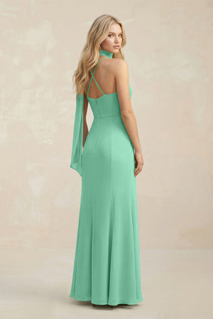 Cowl Neck Sheath Chiffon Maxi Bridesmaid Dress With Ribbon in Turquoise - SHE IS ME Bridesmaid Dresses