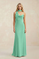 Cowl Neck Sheath Chiffon Maxi Bridesmaid Dress With Ribbon in Turquoise - SHE IS ME Bridesmaid Dresses