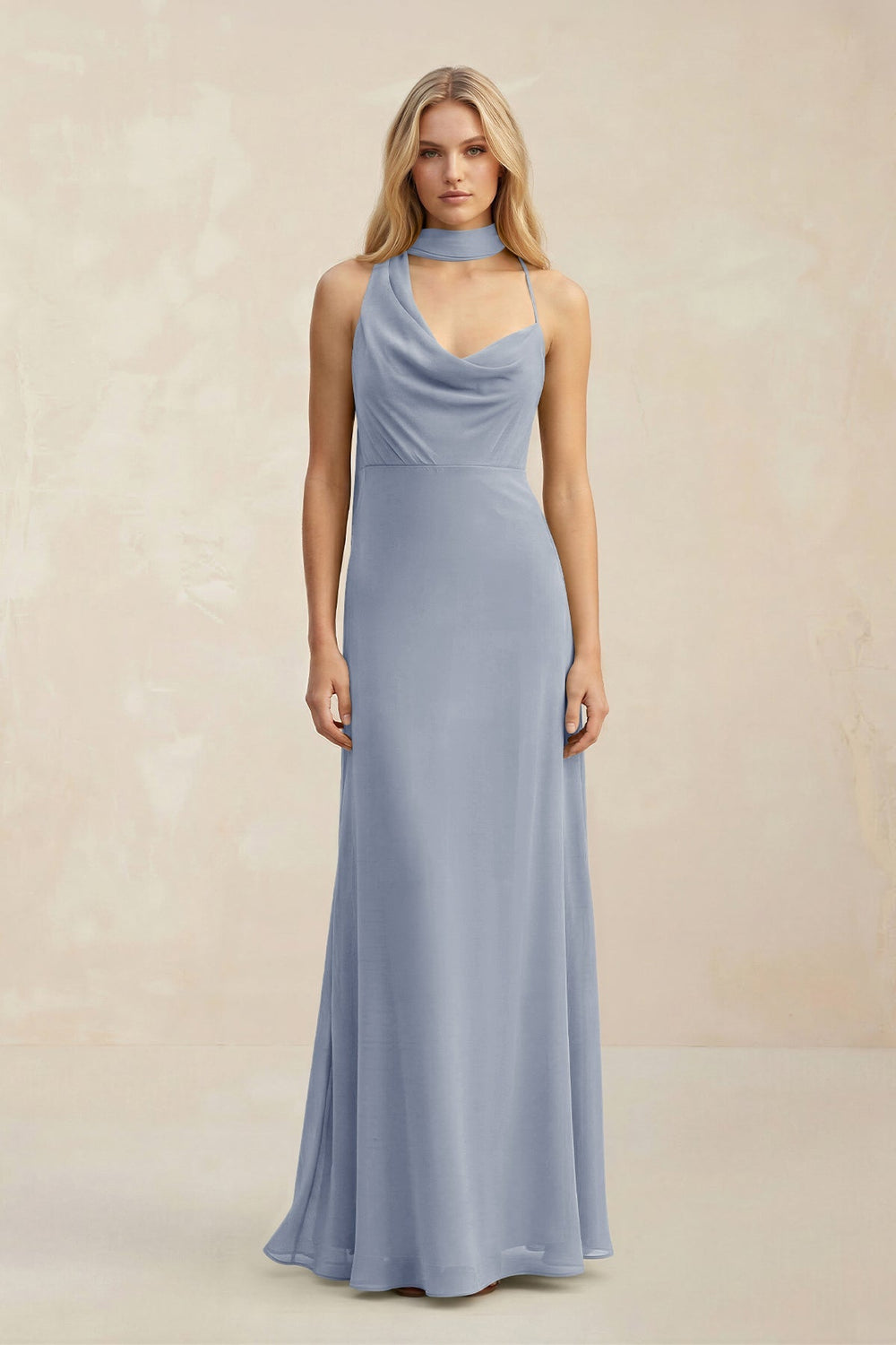 Cowl Neck Sheath Chiffon Maxi Bridesmaid Dress With Ribbon in Twilight - KISS BRIDAL Bridesmaid Dresses