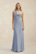 Cowl Neck Sheath Chiffon Maxi Bridesmaid Dress With Ribbon in Twilight - SHE IS ME Bridesmaid Dresses