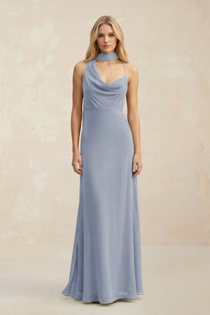 Cowl Neck Sheath Chiffon Maxi Bridesmaid Dress With Ribbon in Twilight - SHE IS ME Bridesmaid Dresses