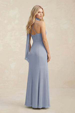 Cowl Neck Sheath Chiffon Maxi Bridesmaid Dress With Ribbon in Twilight - SHE IS ME Bridesmaid Dresses