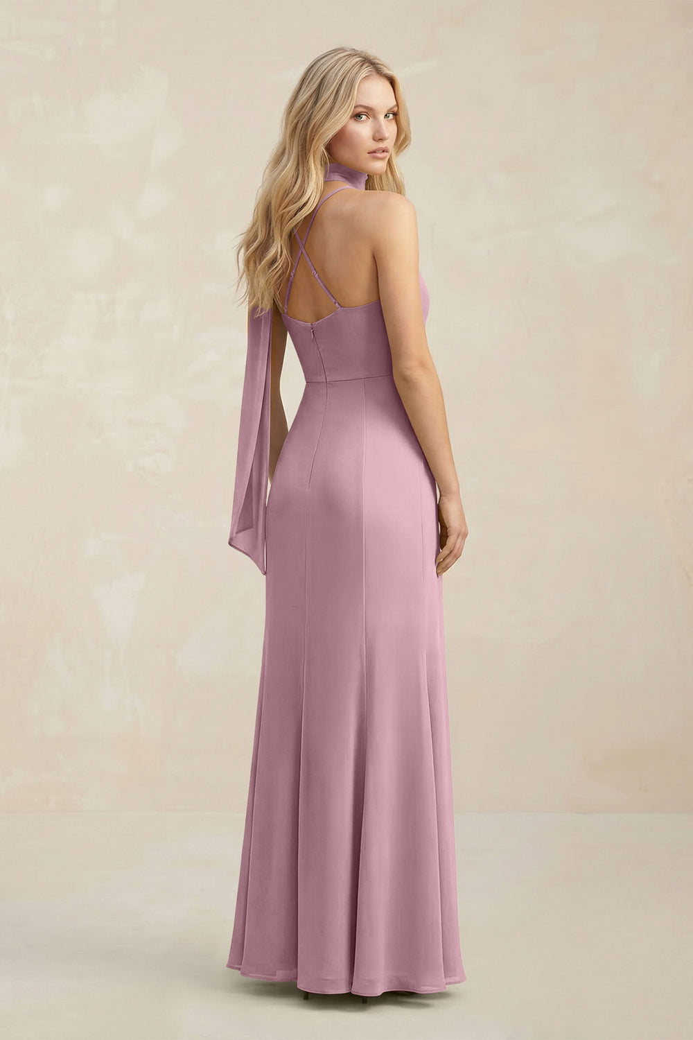 Cowl Neck Sheath Chiffon Maxi Bridesmaid Dress With Ribbon in Vintage Mauve
