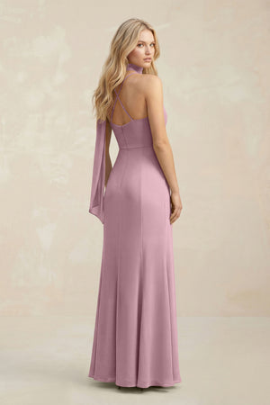 Cowl Neck Sheath Chiffon Maxi Bridesmaid Dress With Ribbon in Vintage Mauve (2) | KISSBRIDAL