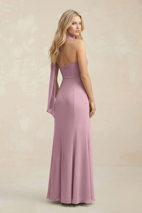 Cowl Neck Sheath Chiffon Maxi Bridesmaid Dress With Ribbon in Vintage Mauve (2) | KISSBRIDAL