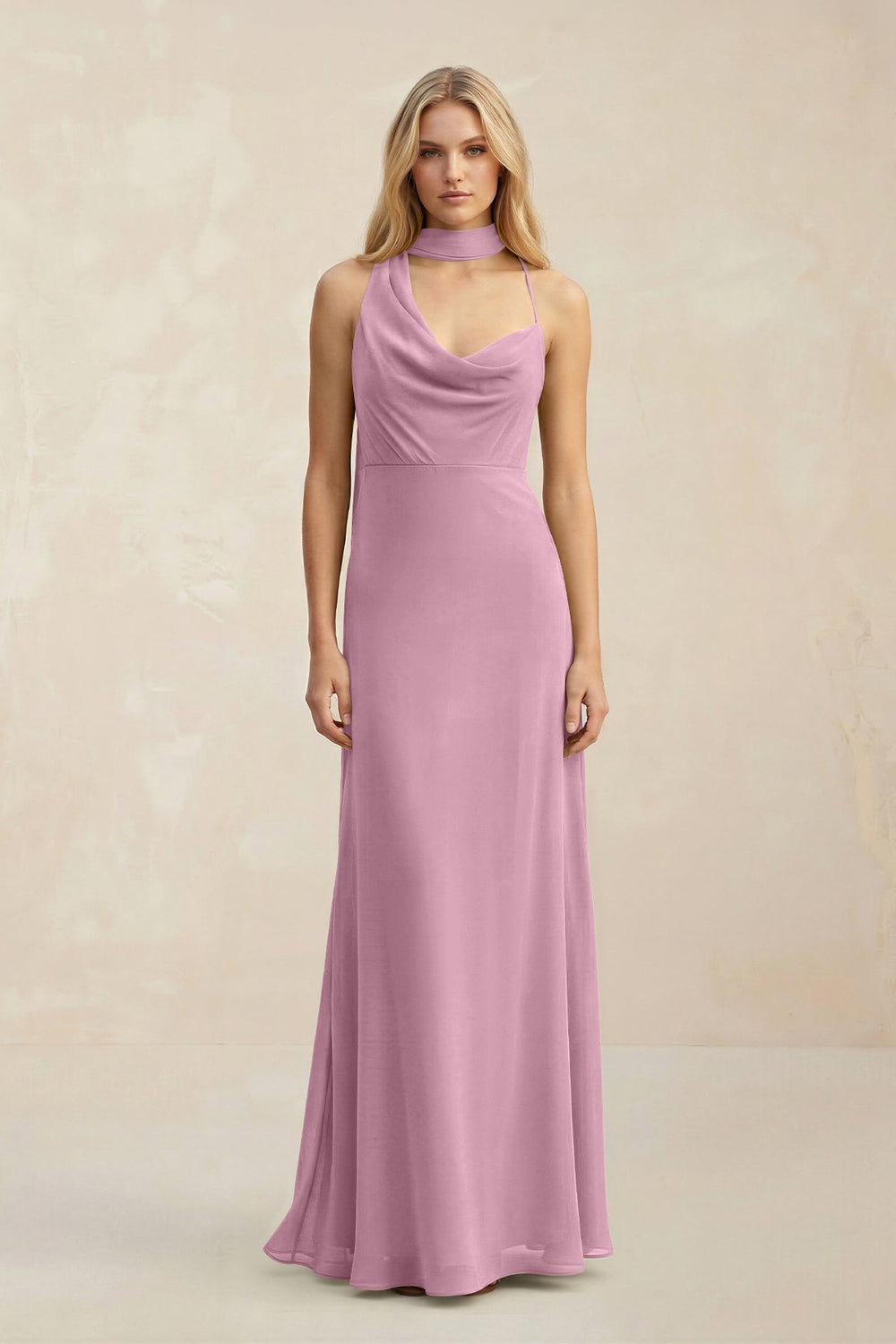 Cowl Neck Sheath Chiffon Maxi Bridesmaid Dress With Ribbon in Vintage Mauve - KISS BRIDAL Bridesmaid Dresses