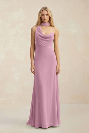 Cowl Neck Sheath Chiffon Maxi Bridesmaid Dress With Ribbon in Vintage Mauve - SHE IS ME Bridesmaid Dresses