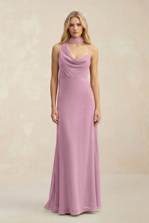 Cowl Neck Sheath Chiffon Maxi Bridesmaid Dress With Ribbon in Vintage Mauve - SHE IS ME Bridesmaid Dresses