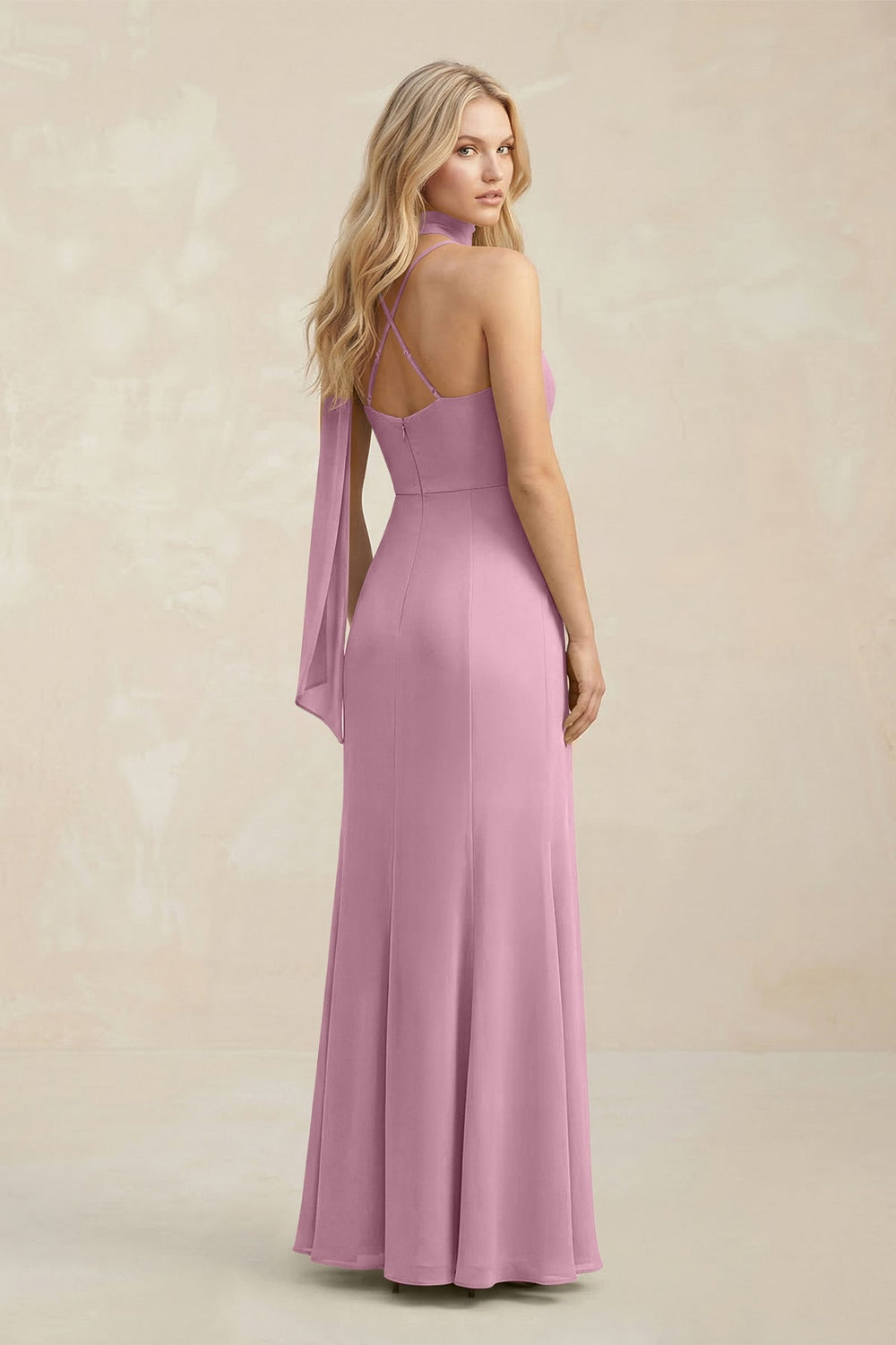 Cowl Neck Sheath Chiffon Maxi Bridesmaid Dress With Ribbon in Vintage Mauve - KISS BRIDAL Bridesmaid Dresses