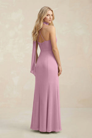 Cowl Neck Sheath Chiffon Maxi Bridesmaid Dress With Ribbon in Vintage Mauve - SHE IS ME Bridesmaid Dresses