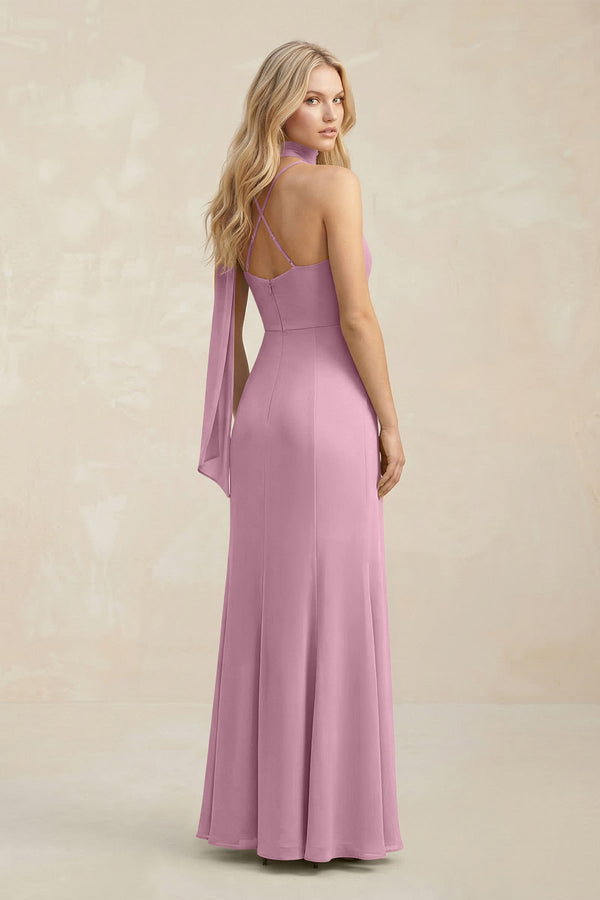 Cowl Neck Sheath Chiffon Maxi Bridesmaid Dress With Ribbon in Vintage Mauve - SHE IS ME Bridesmaid Dresses
