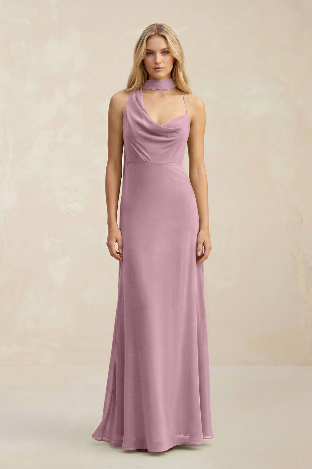 Cowl Neck Sheath Chiffon Maxi Bridesmaid Dress With Ribbon in Vintage Mauve