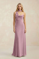 Cowl Neck Sheath Chiffon Maxi Bridesmaid Dress With Ribbon in Vintage Mauve | KISSBRIDAL