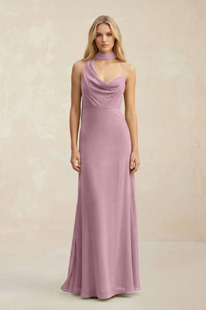 Cowl Neck Sheath Chiffon Maxi Bridesmaid Dress With Ribbon in Vintage Mauve | KISSBRIDAL
