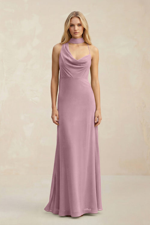 Cowl Neck Sheath Chiffon Maxi Bridesmaid Dress With Ribbon in Vintage Mauve | KISSBRIDAL