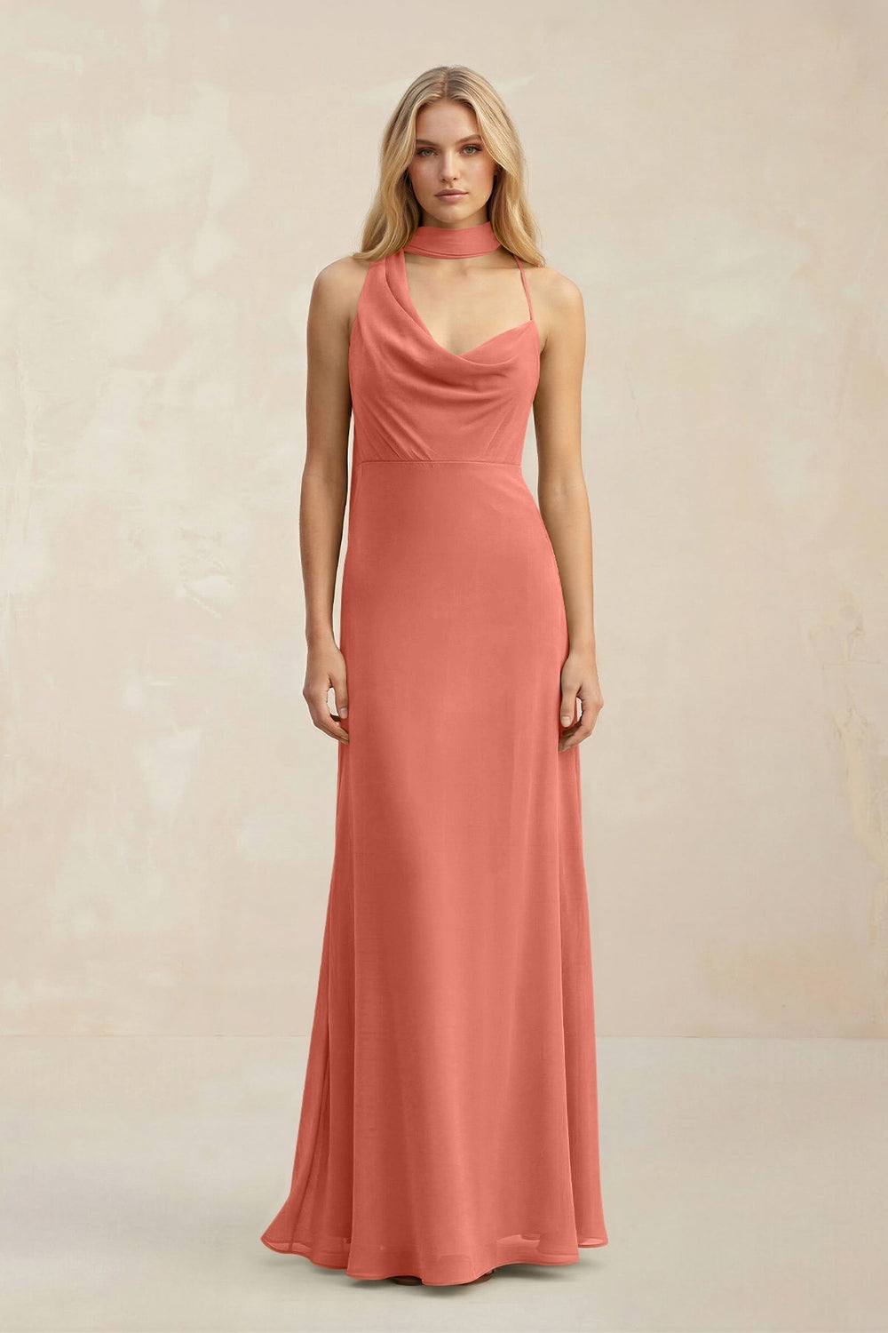 Cowl Neck Sheath Chiffon Maxi Bridesmaid Dress With Ribbon in Wild Rose - KISS BRIDAL Bridesmaid Dresses