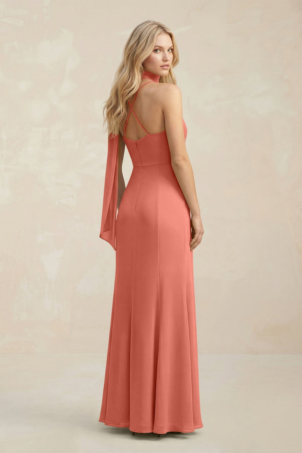 Cowl Neck Sheath Chiffon Maxi Bridesmaid Dress With Ribbon in Wild Rose - KISS BRIDAL Bridesmaid Dresses