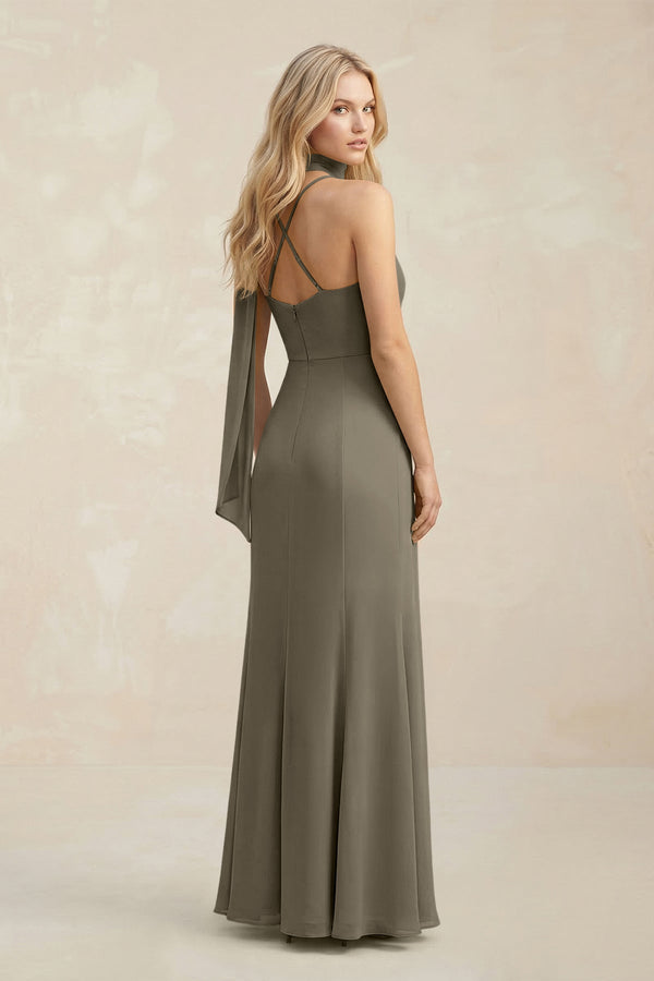 Cowl Neck Sheath Chiffon Maxi Bridesmaid Dress With Ribbon in Willow Green - SHE IS ME Bridesmaid Dresses