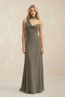 Cowl Neck Sheath Chiffon Maxi Bridesmaid Dress With Ribbon in Willow Green - SHE IS ME Bridesmaid Dresses