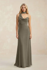 Cowl Neck Sheath Chiffon Maxi Bridesmaid Dress With Ribbon in Willow Green - KISS BRIDAL Bridesmaid Dresses