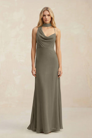 Cowl Neck Sheath Chiffon Maxi Bridesmaid Dress With Ribbon in Willow Green - SHE IS ME Bridesmaid Dresses