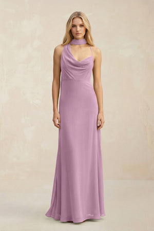 Cowl Neck Sheath Chiffon Maxi Bridesmaid Dress With Ribbon in Wisteria - SHE IS ME Bridesmaid Dresses