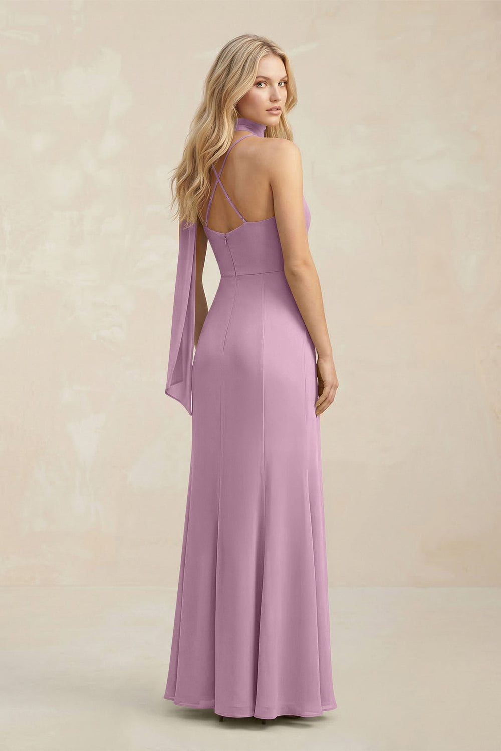 Cowl Neck Sheath Chiffon Maxi Bridesmaid Dress With Ribbon in Wisteria - KISS BRIDAL Bridesmaid Dresses