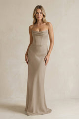 Cowl Neck Sheath Corset Bridesmaid Dress in Almond - KISS BRIDAL Bridesmaid Dresses