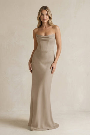 Cowl Neck Sheath Corset Bridesmaid Dress in Almond - KISS BRIDAL Bridesmaid Dresses