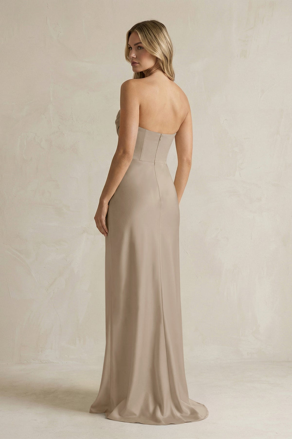 Cowl Neck Sheath Corset Bridesmaid Dress in Almond - KISS BRIDAL Bridesmaid Dresses