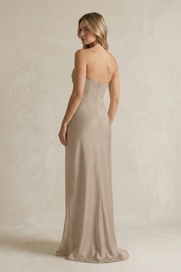 Cowl Neck Sheath Corset Bridesmaid Dress in Almond - KISS BRIDAL Bridesmaid Dresses