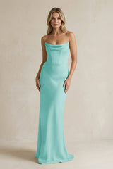 Cowl Neck Sheath Corset Bridesmaid Dress in Aqua - KISS BRIDAL Bridesmaid Dresses
