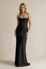 Cowl Neck Sheath Corset Bridesmaid Dress in Black - KISS BRIDAL Bridesmaid Dresses