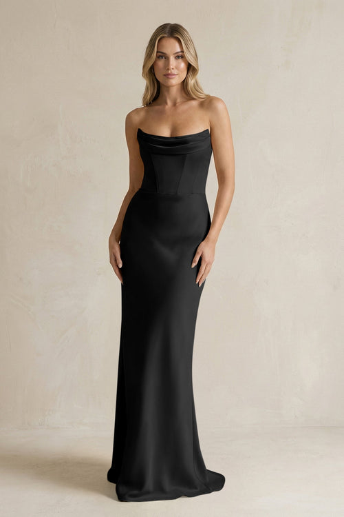 Cowl Neck Sheath Corset Bridesmaid Dress in Black - KISS BRIDAL Bridesmaid Dresses