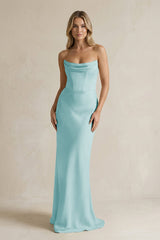 Cowl Neck Sheath Corset Bridesmaid Dress in Bleached Aqua - KISS BRIDAL Bridesmaid Dresses