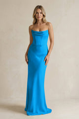 Cowl Neck Sheath Corset Bridesmaid Dress in Blue Jay - KISS BRIDAL Bridesmaid Dresses