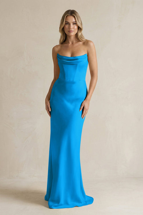 Cowl Neck Sheath Corset Bridesmaid Dress in Blue Jay - KISS BRIDAL Bridesmaid Dresses