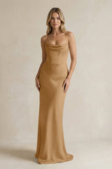 Cowl Neck Sheath Corset Bridesmaid Dress in Bronzer - KISS BRIDAL Bridesmaid Dresses