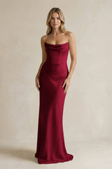 Cowl Neck Sheath Corset Bridesmaid Dress in Burgundy - KISS BRIDAL Bridesmaid Dresses