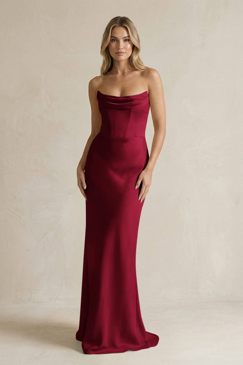 Cowl Neck Sheath Corset Bridesmaid Dress in Burgundy - KISS BRIDAL Bridesmaid Dresses
