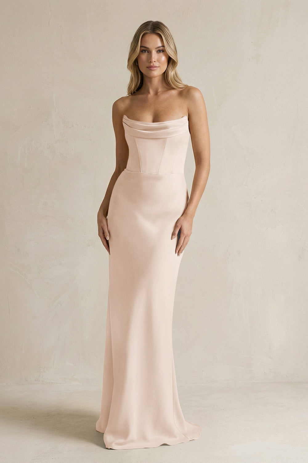Cowl Neck Sheath Corset Bridesmaid Dress in Buttercream - KISS BRIDAL Bridesmaid Dresses