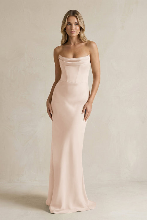 Cowl Neck Sheath Corset Bridesmaid Dress in Buttercream - KISS BRIDAL Bridesmaid Dresses