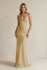 Cowl Neck Sheath Corset Bridesmaid Dress in Champagne - KISS BRIDAL Bridesmaid Dresses