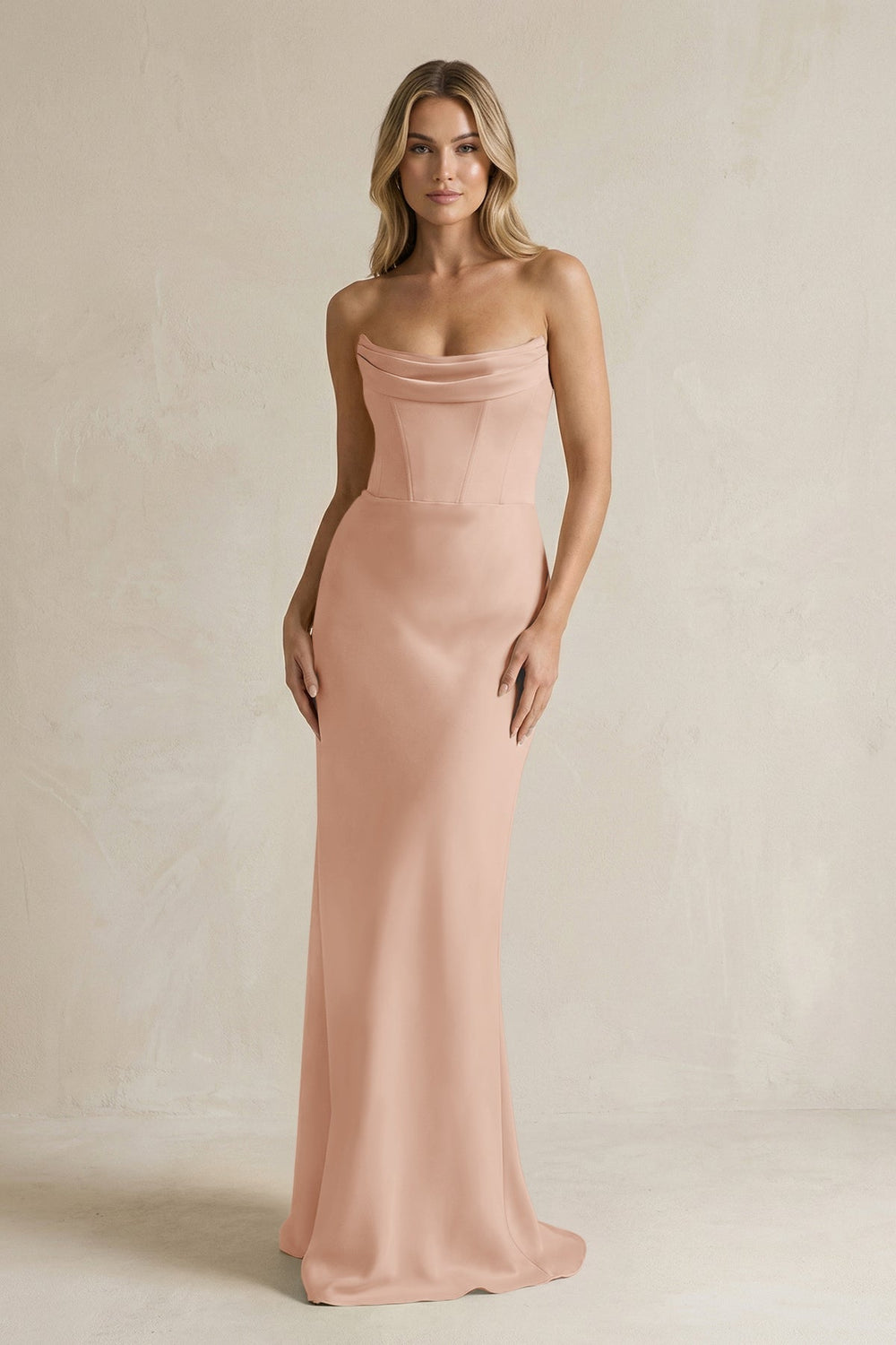 Cowl Neck Sheath Corset Bridesmaid Dress in Champagne Rose - KISS BRIDAL Bridesmaid Dresses