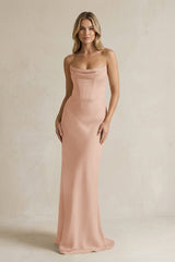Cowl Neck Sheath Corset Bridesmaid Dress in Champagne Rose - KISS BRIDAL Bridesmaid Dresses